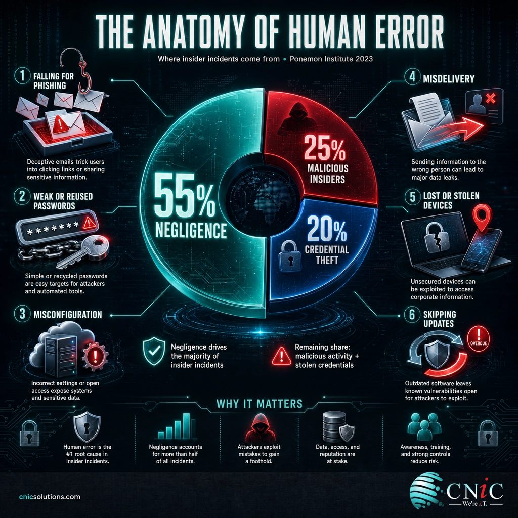 Infographic showing 55% of insider incidents come from negligence and the six most common human-error types