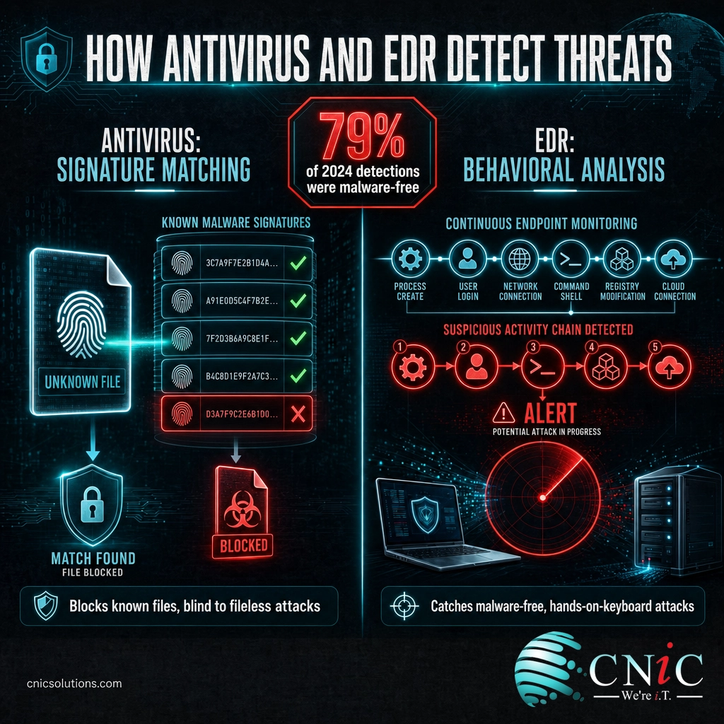 Split infographic comparing antivirus signature matching with EDR behavioral analysis and the 79 percent malware-free stat