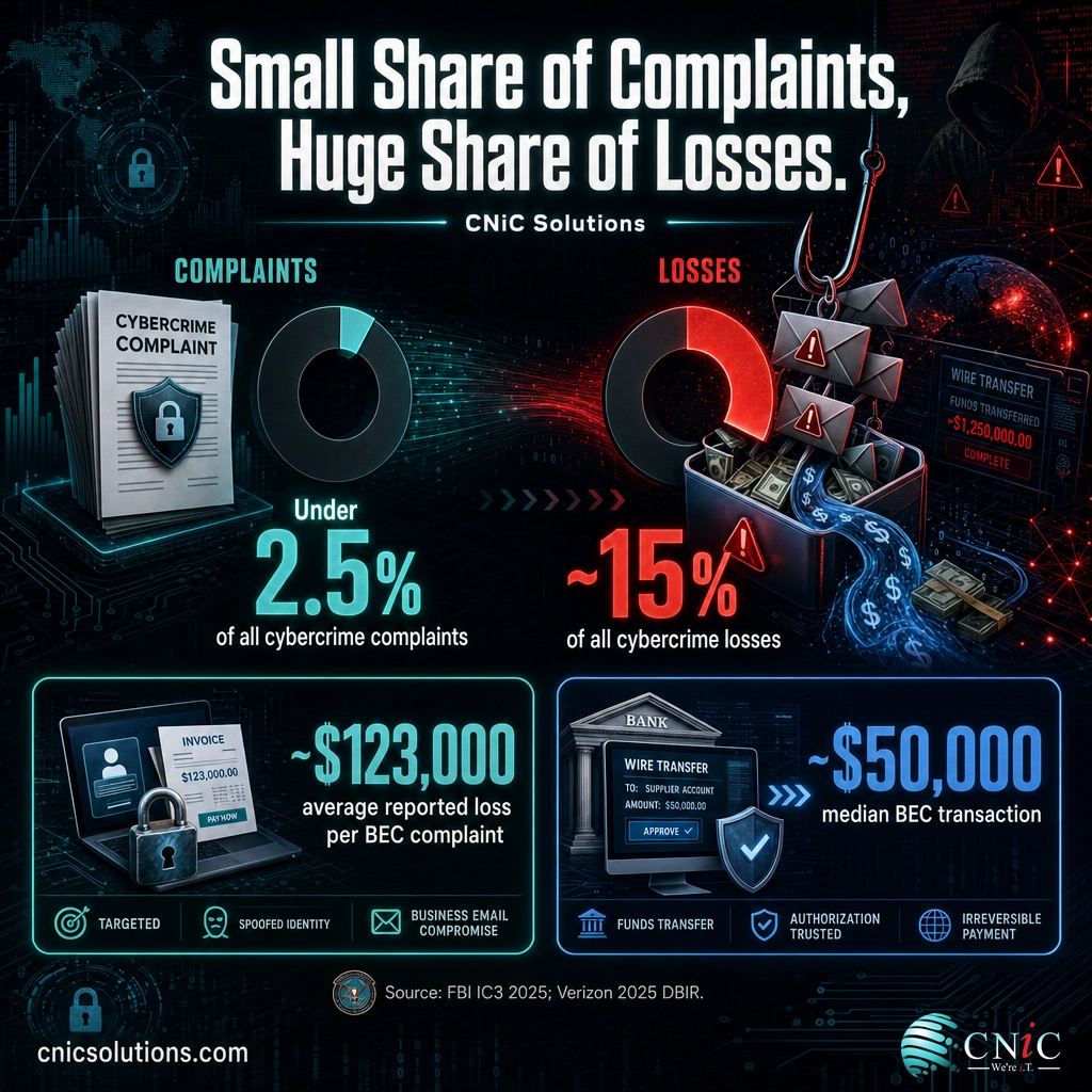 Infographic showing BEC is under 2.5% of cybercrime complaints but about 15% of losses, with a $123K average versus a $50K median loss