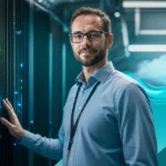 IT professional protecting business data with cloud backup in a modern server room