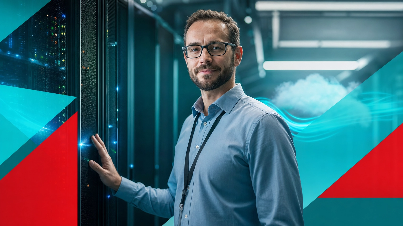 IT professional protecting business data with cloud backup in a modern server room