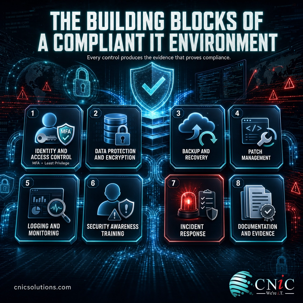 Infographic of the eight core IT controls: access, encryption, backup, patching, logging, training, incident response, documentation