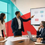 IT team discussing network infrastructure and cybersecurity solutions in a modern office.