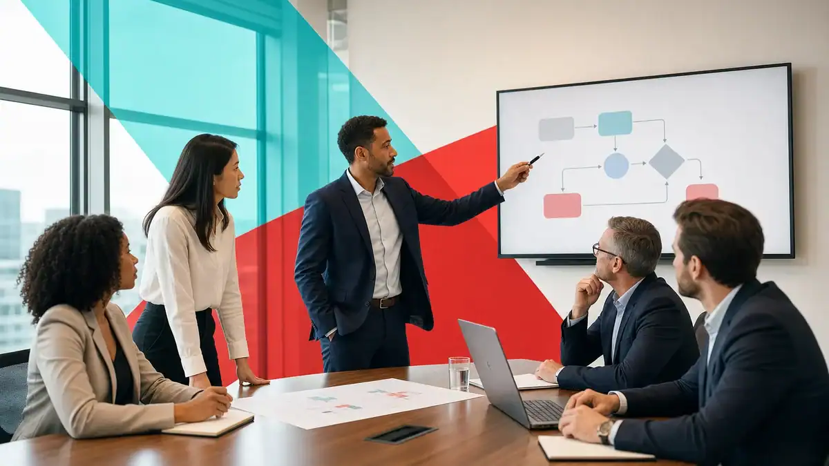 IT team discussing network infrastructure and cybersecurity solutions in a modern office.