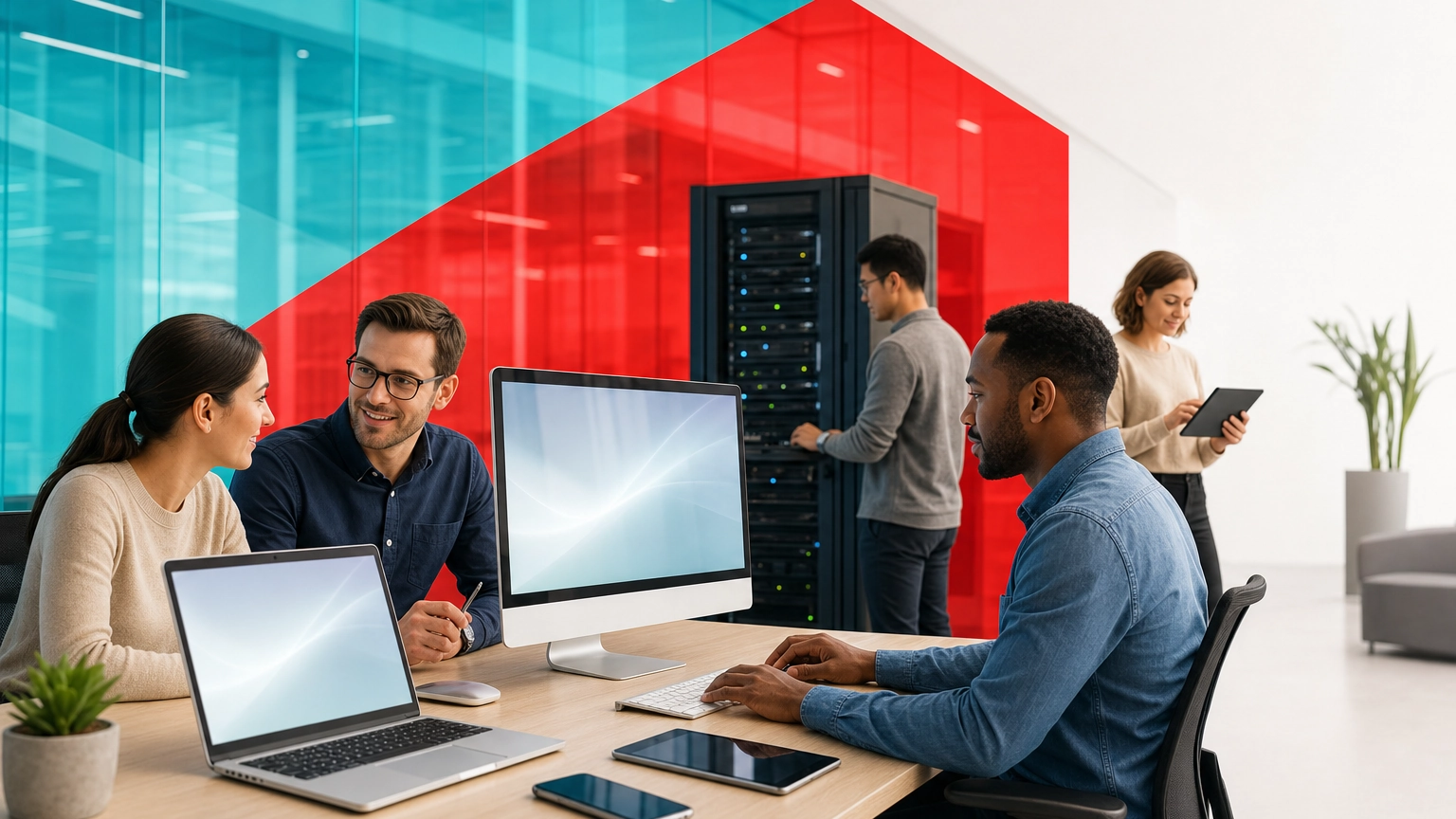 Small business team working across laptops, phones, and servers protected by endpoint security