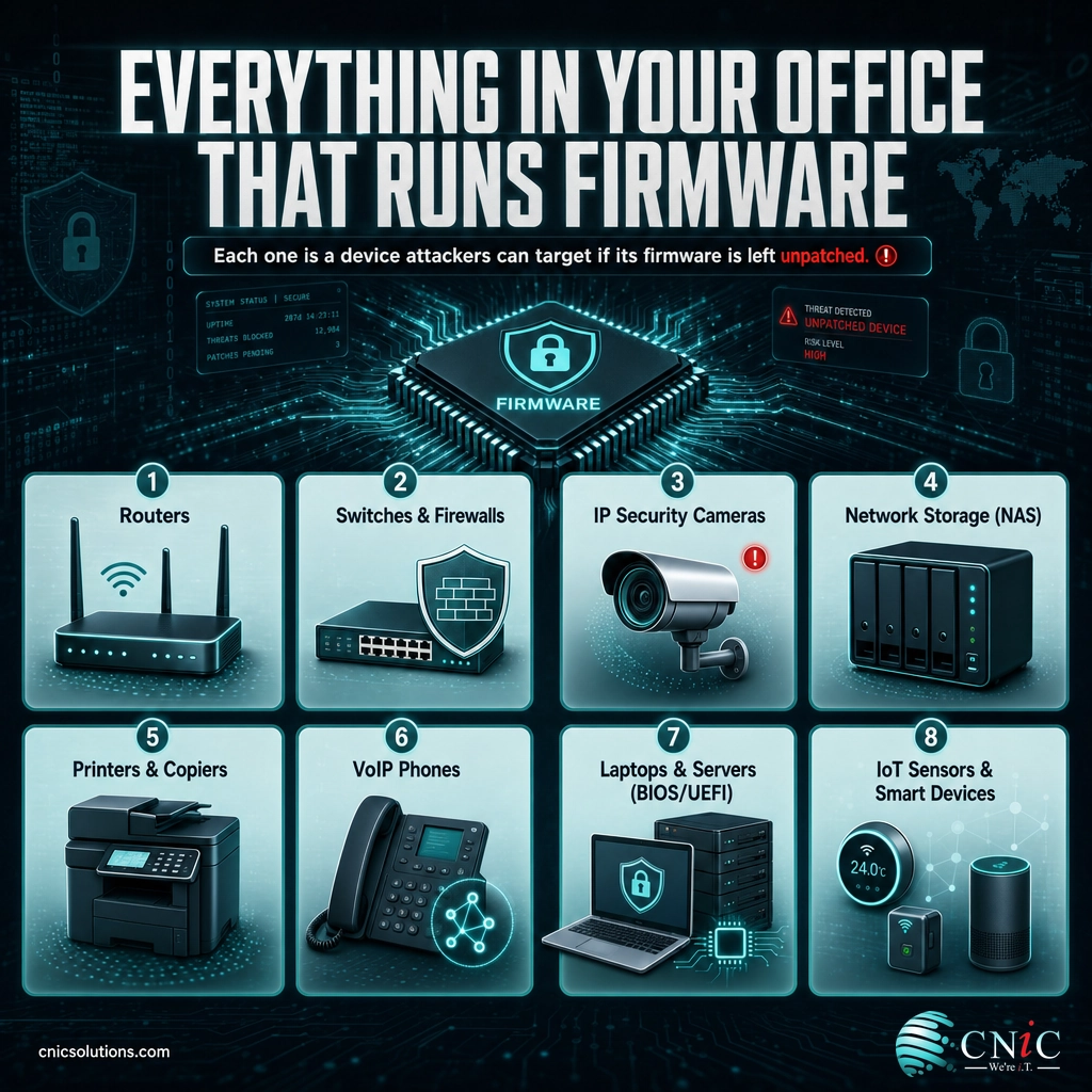 Infographic showing business devices that run firmware, including routers, cameras, NAS, printers, and IoT devices