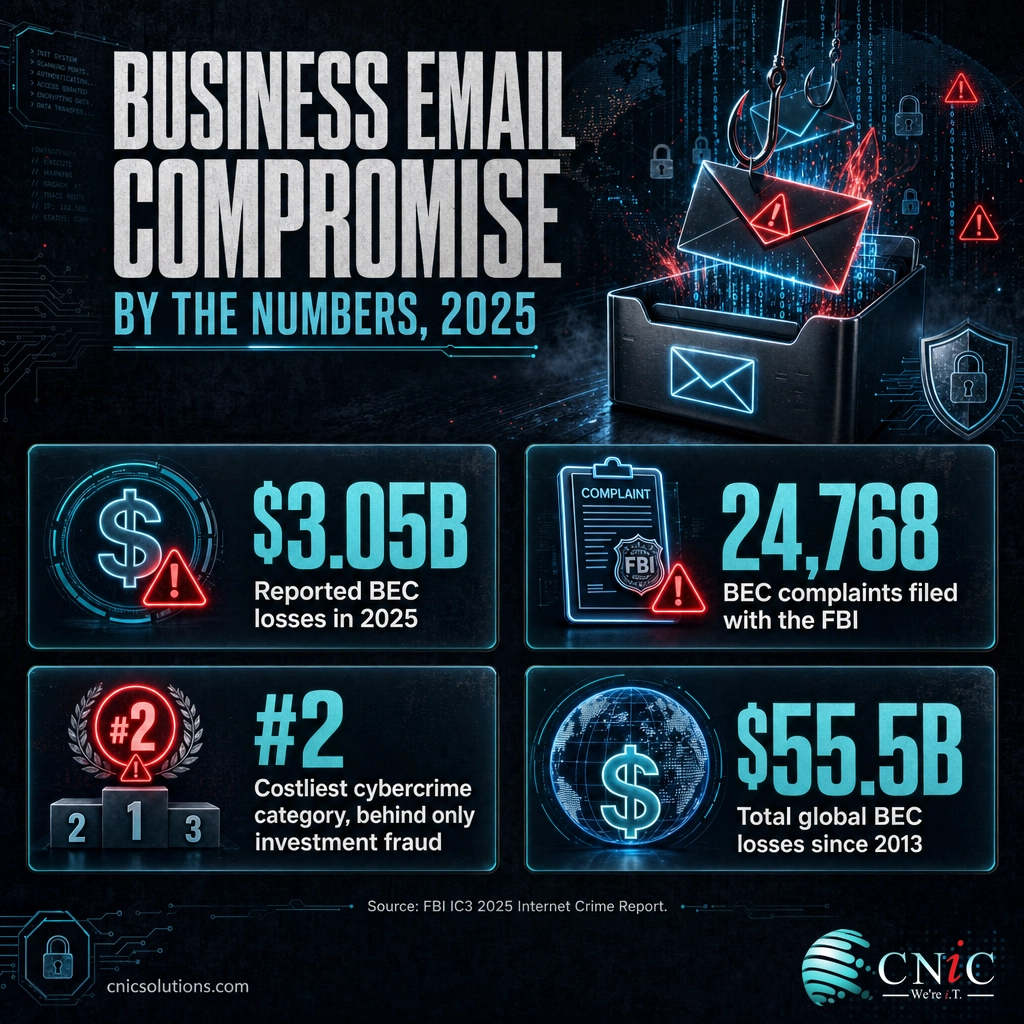 Infographic of 2025 BEC stats: $3.05B in losses, 24,768 complaints, 2nd-costliest cybercrime, and $55.5B lost since 2013