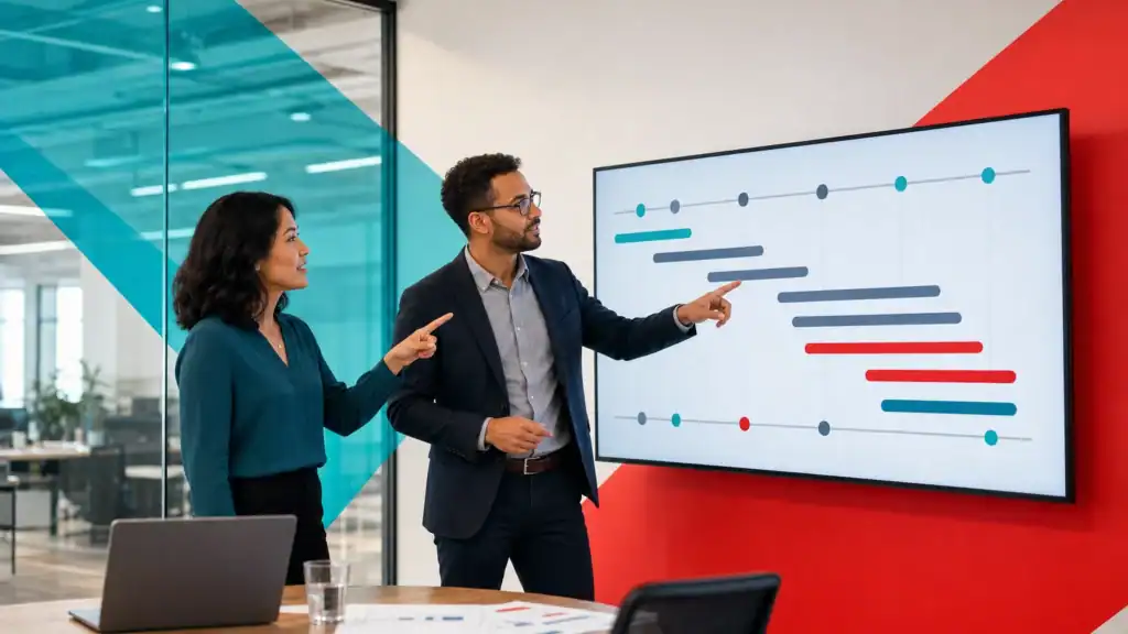 IT professionals discussing project timelines on a digital screen in a modern office setting.