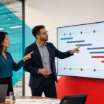 IT professionals discussing project timelines on a digital screen in a modern office setting.