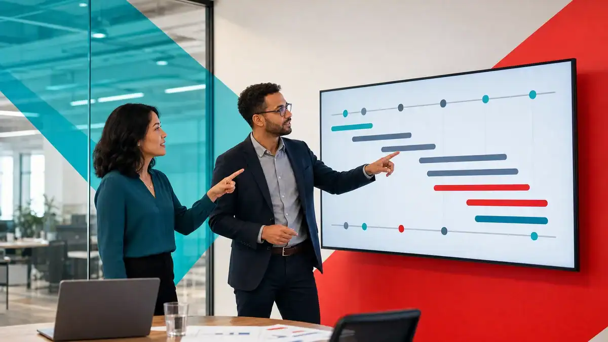 IT professionals discussing project timelines on a digital screen in a modern office setting.