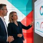 A business leader and IT manager reviewing IT performance metrics on an office dashboard