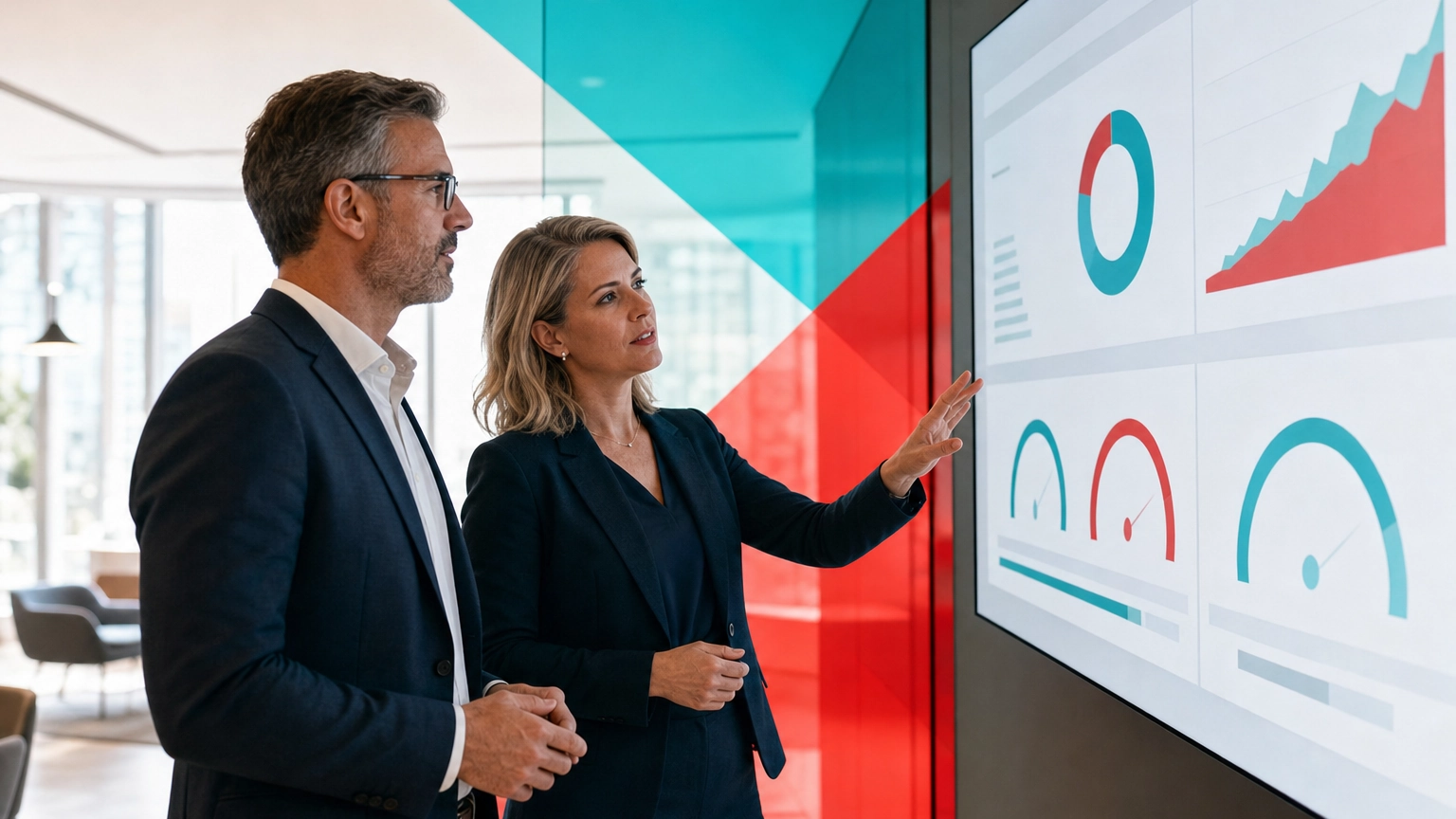 A business leader and IT manager reviewing IT performance metrics on an office dashboard