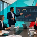Business leadership team reviewing cybersecurity risk management on a screen in a modern conference room