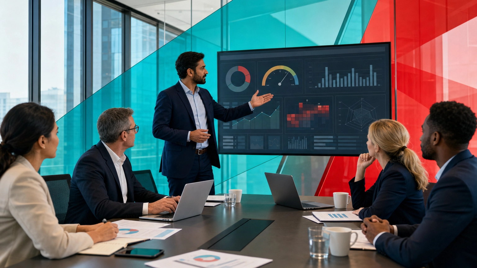 Business leadership team reviewing cybersecurity risk management on a screen in a modern conference room