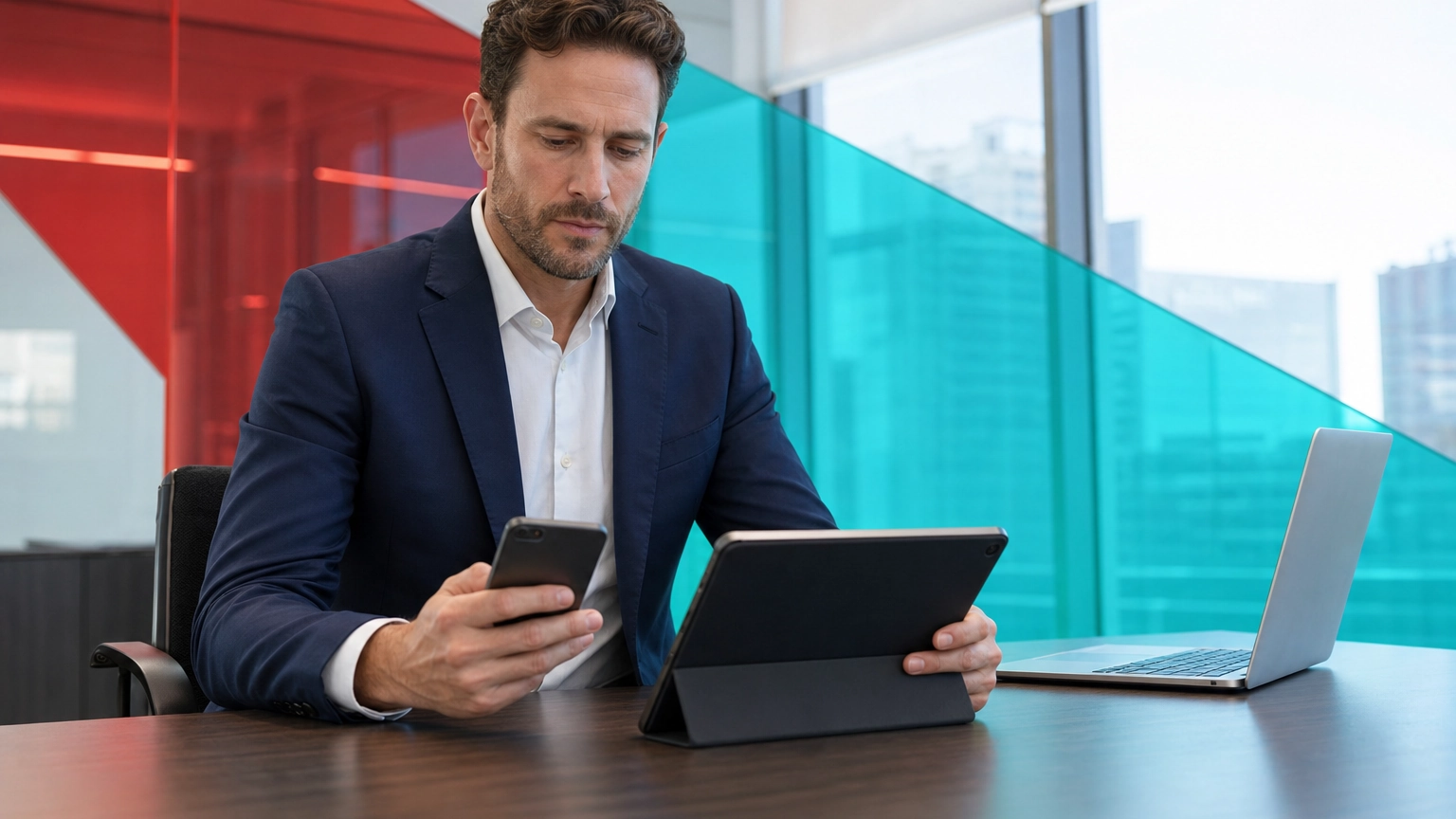 Business professional reviewing smartphone and tablet security on a modern office desk