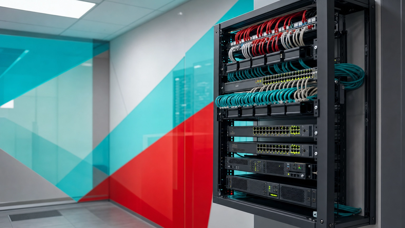 Organized business network rack with switches, routers, and structured cabling in a server room