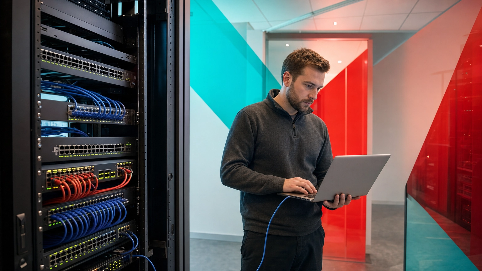 Organized business network rack with switches, router, and color-coded cabling as an IT professional reviews the network