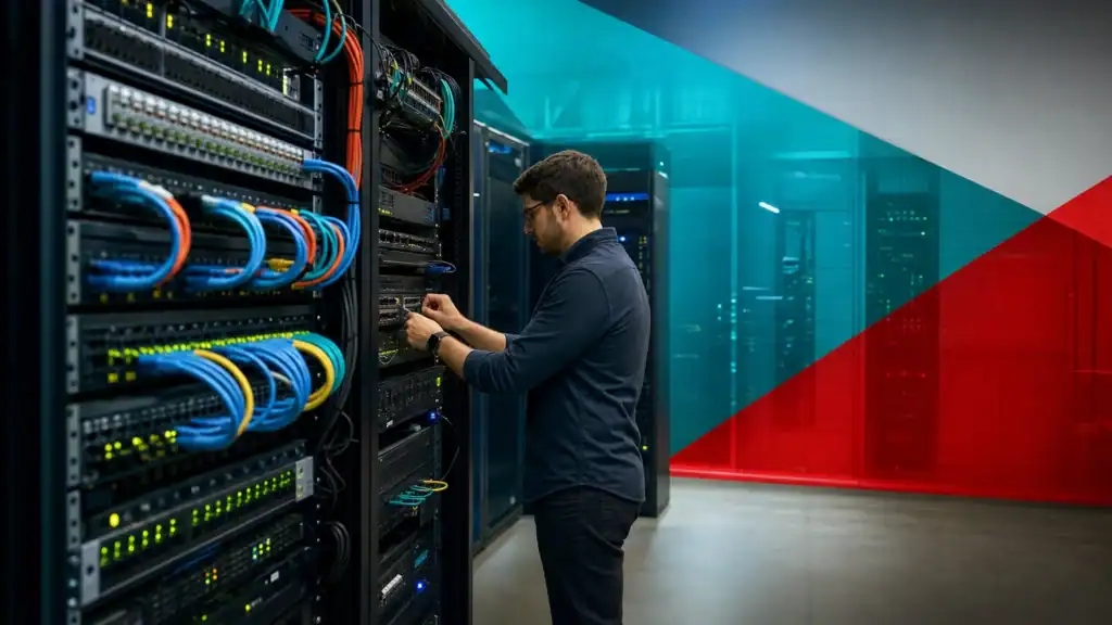 IT professional managing network servers and cabling at CNiC Solutions in Houston, TX.