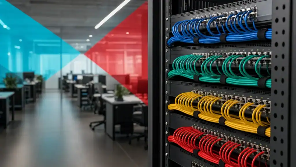 Data center networking equipment with organized cabling for IT infrastructure management.