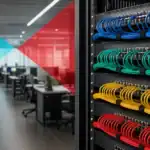 Data center networking equipment with organized cabling for IT infrastructure management.