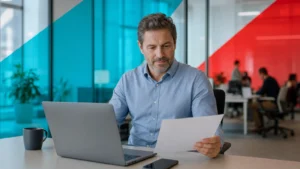 Business decision-maker at a desk reviewing Microsoft 365 licensing options on a laptop