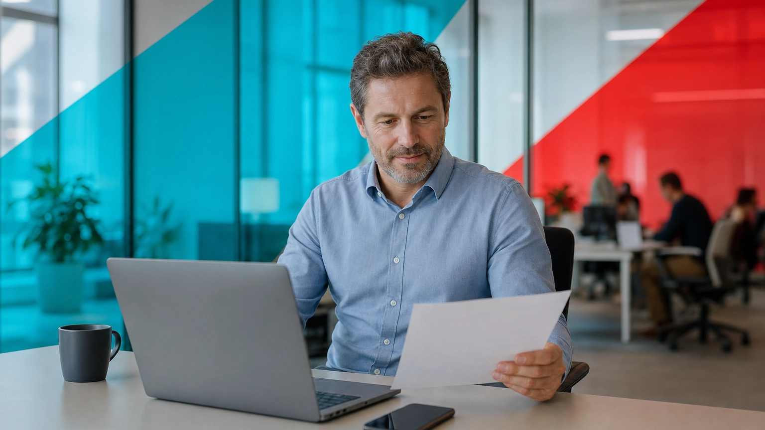 Business decision-maker at a desk reviewing Microsoft 365 licensing options on a laptop