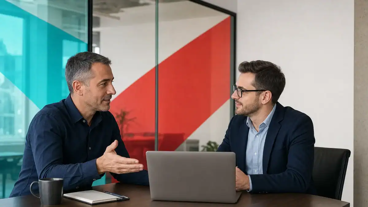 IT consulting and cybersecurity discussion between professionals in a modern office setting.