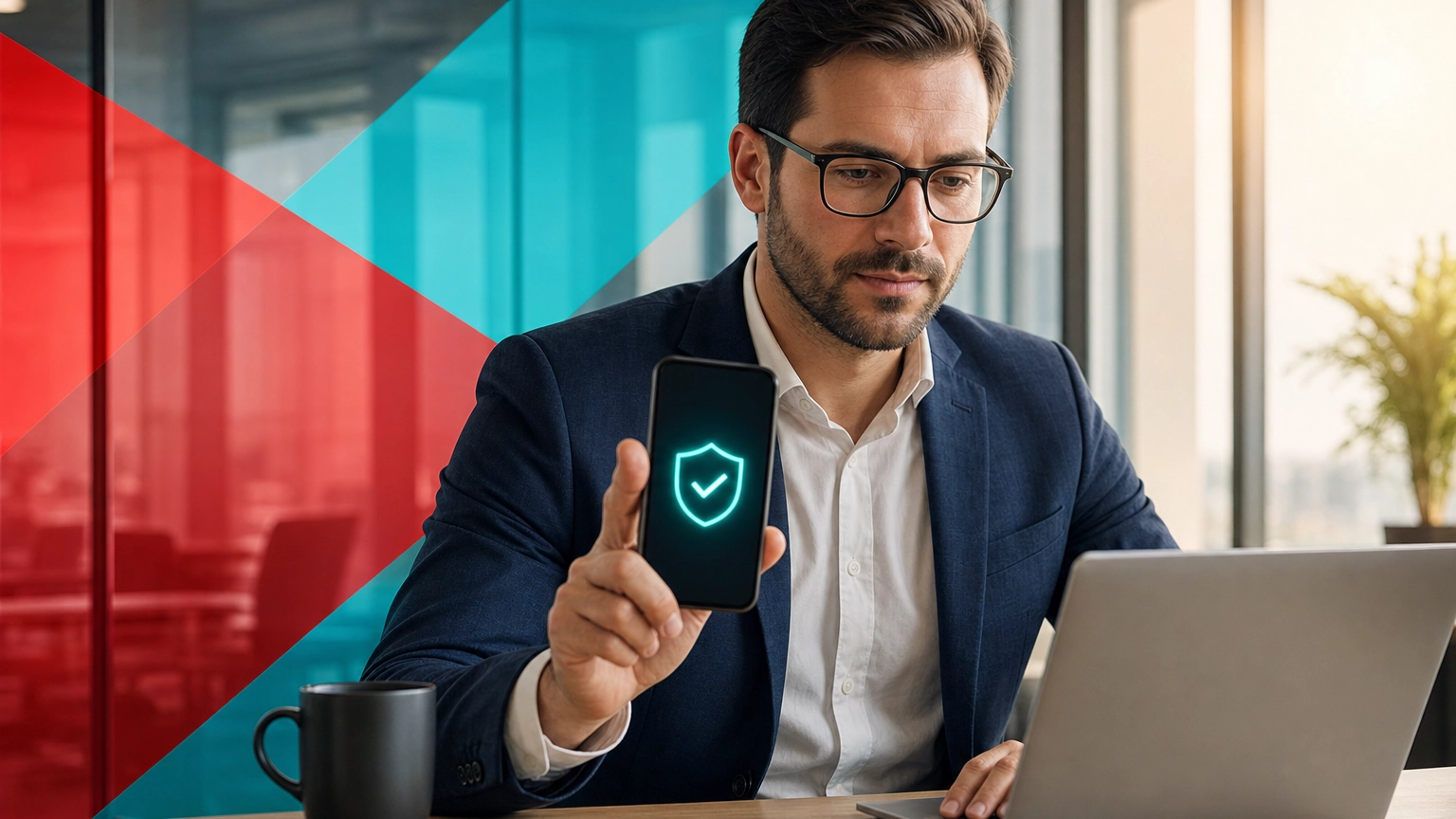 Business professional approving a multi-factor authentication prompt on a smartphone at a laptop