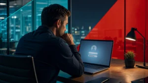Business professional pausing at a laptop login screen with a masked password field in a dark office