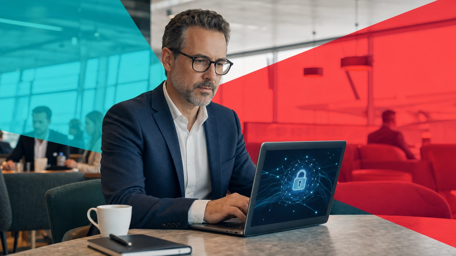 Business professional using a laptop securely on public Wi-Fi through a VPN connection