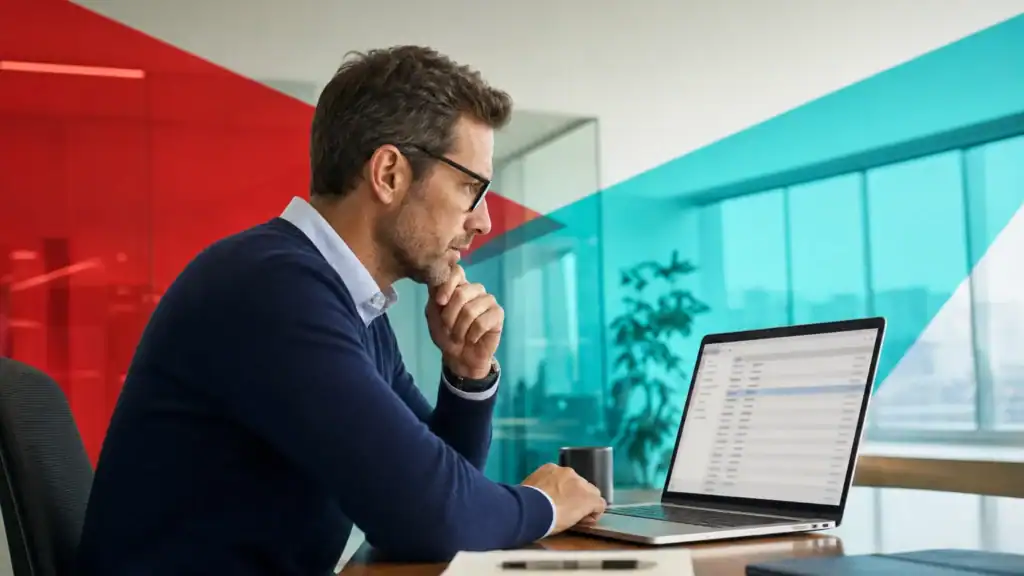 IT professional analyzing network data on a laptop in a modern office environment.