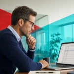IT professional analyzing network data on a laptop in a modern office environment.