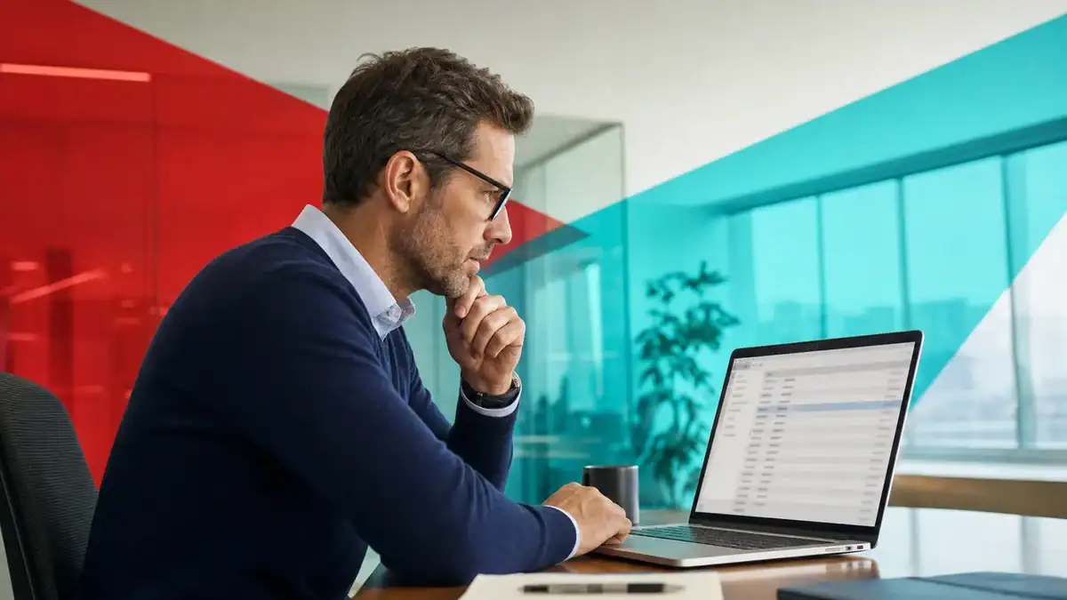 IT professional analyzing network data on a laptop in a modern office environment.