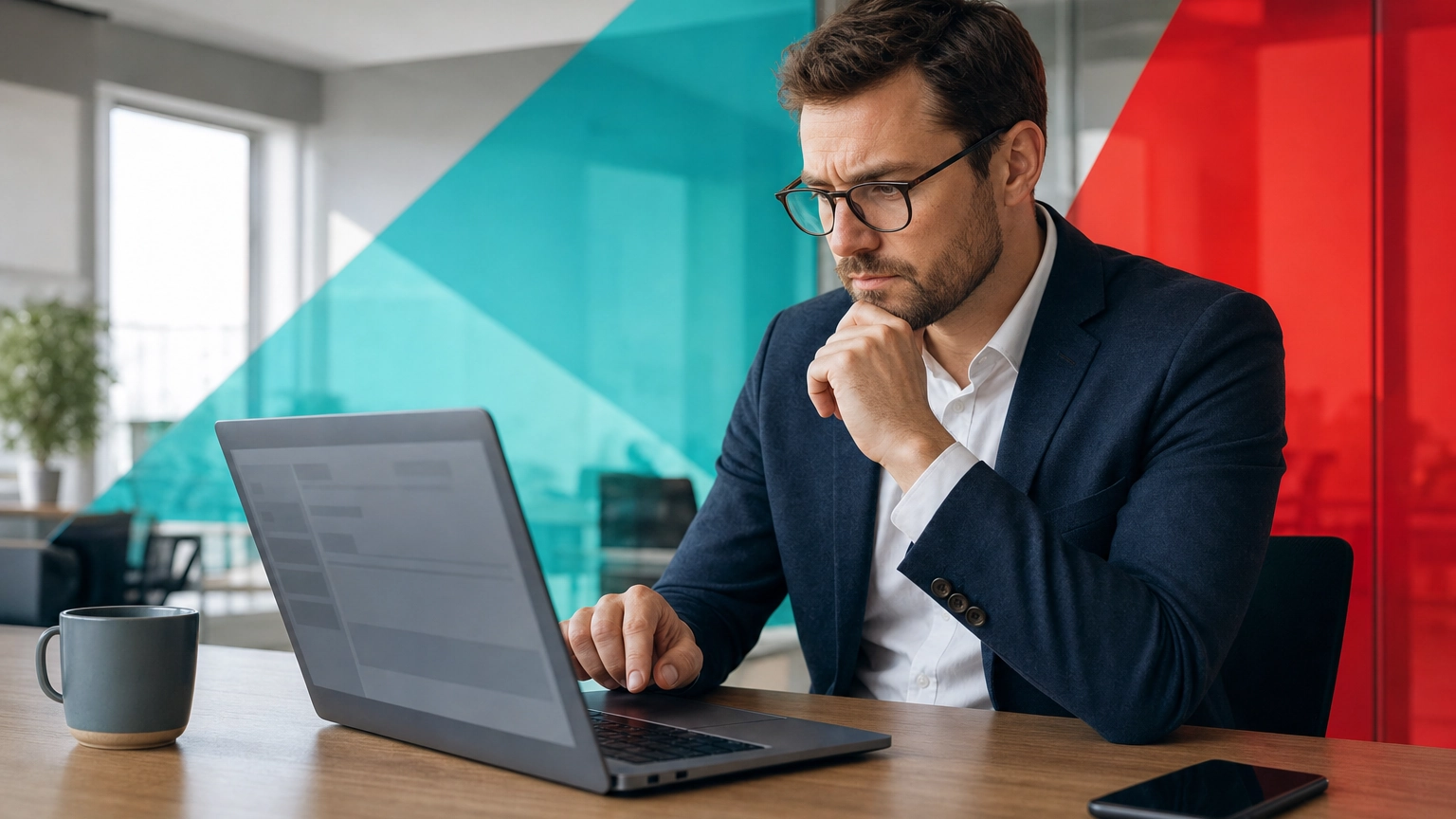Office worker carefully inspecting a suspicious email on a laptop before clicking