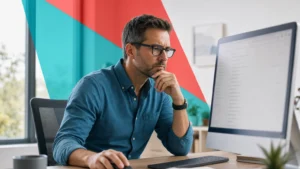 Office worker carefully examining a suspicious email on a monitor to avoid a phishing attack