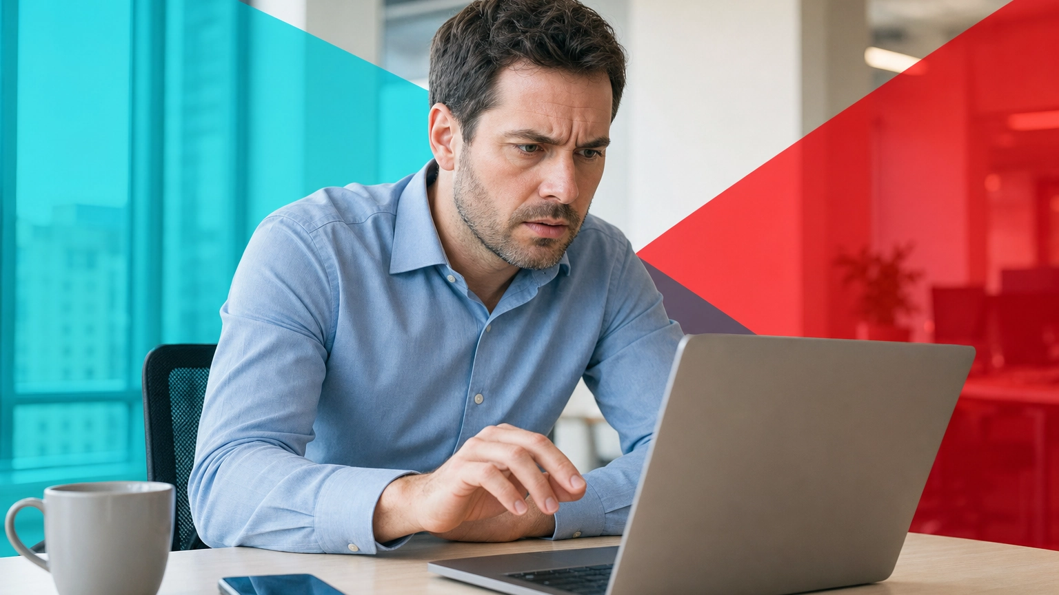 Business professional pausing warily before clicking a suspicious email on a laptop at an office desk