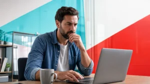 Business professional pausing before clicking a suspicious email on a laptop