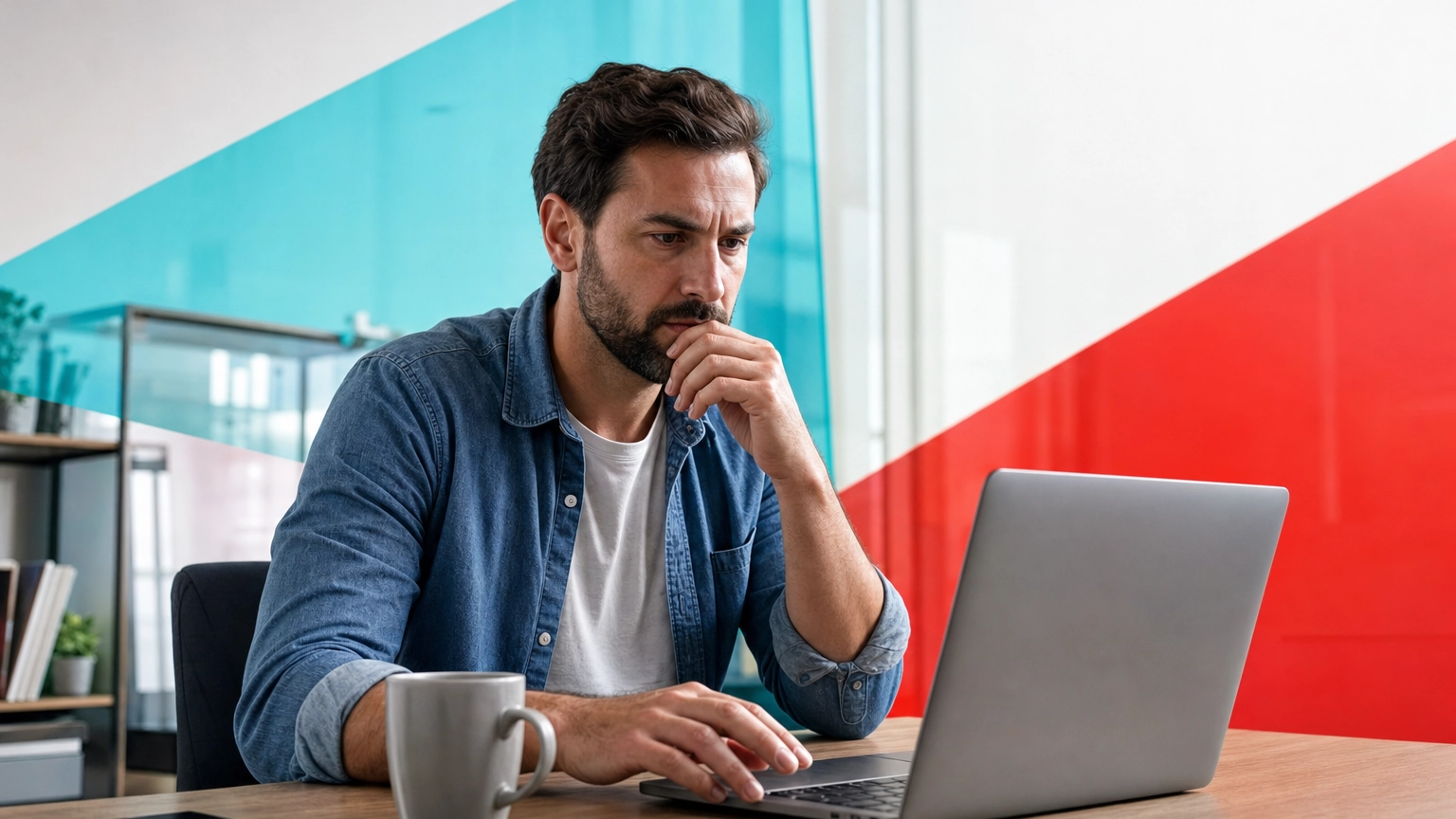 Business professional pausing before clicking a suspicious email on a laptop