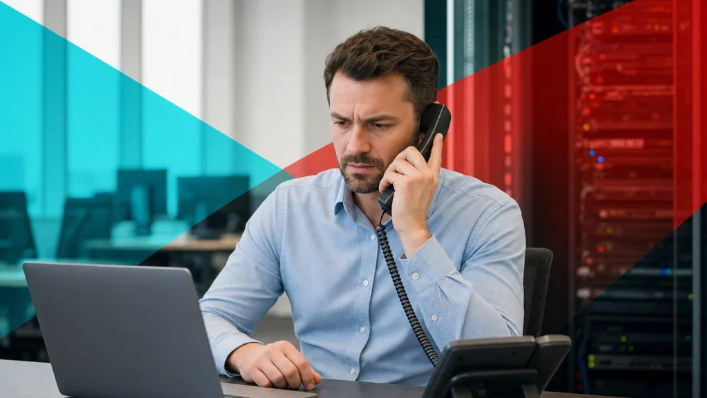 Office worker on a VoIP desk phone during a call with a poor connection