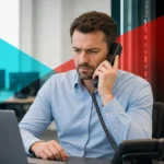 Office worker on a VoIP desk phone during a call with a poor connection