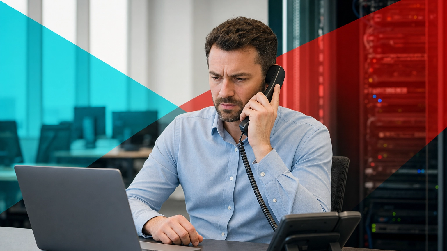 Office worker on a VoIP desk phone during a call with a poor connection