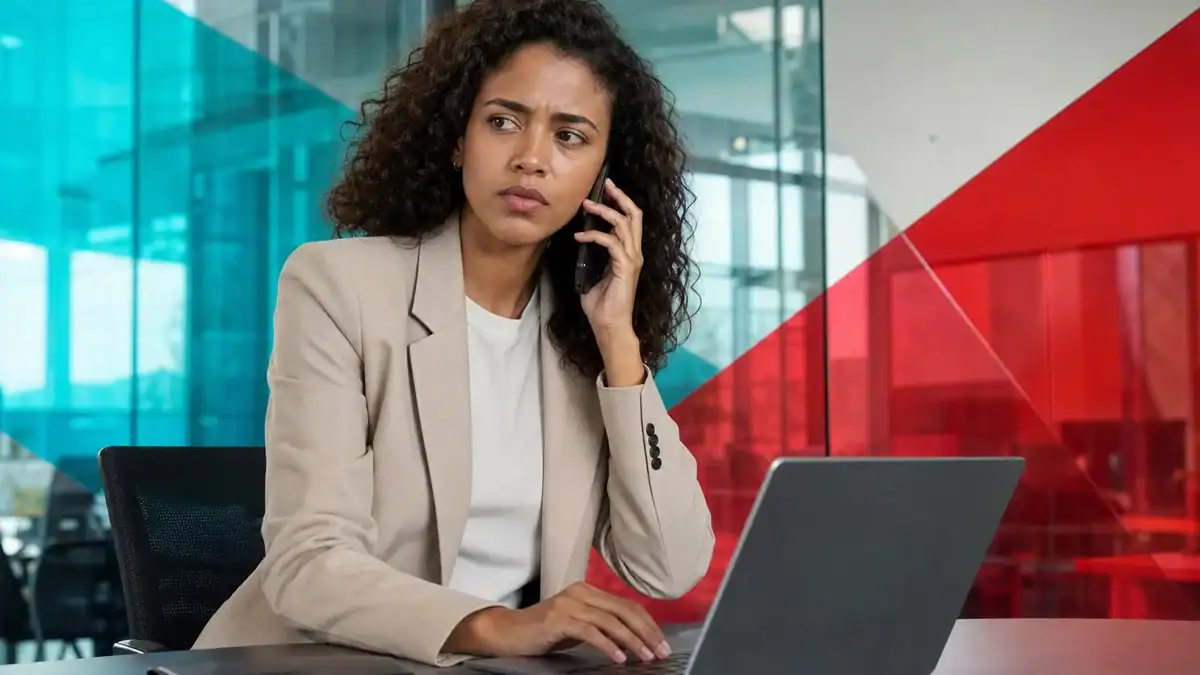 Businesswoman using a laptop for IT solutions and cybersecurity services in Houston, TX.