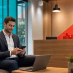 Business professional using a smartphone in a modern office with IT infrastructure elements.