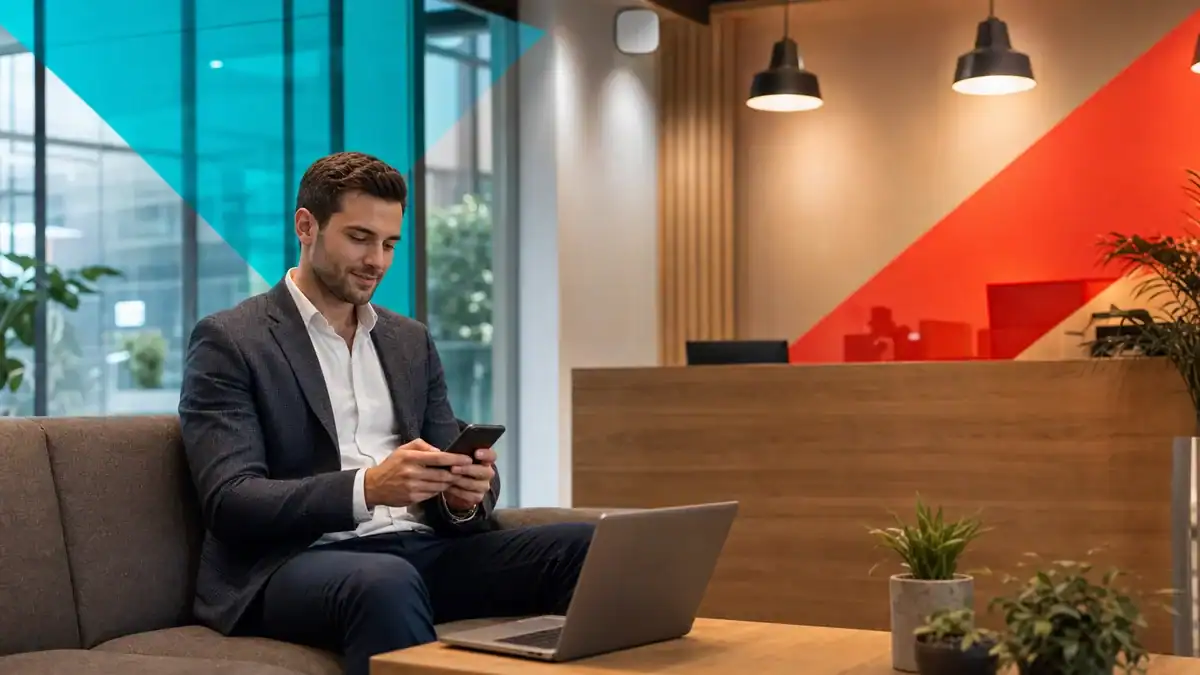 Business professional using a smartphone in a modern office with IT infrastructure elements.