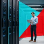IT professional reviewing backup systems in a modern business server room