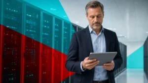 IT professional reviewing infrastructure with rows of rack servers in the background
