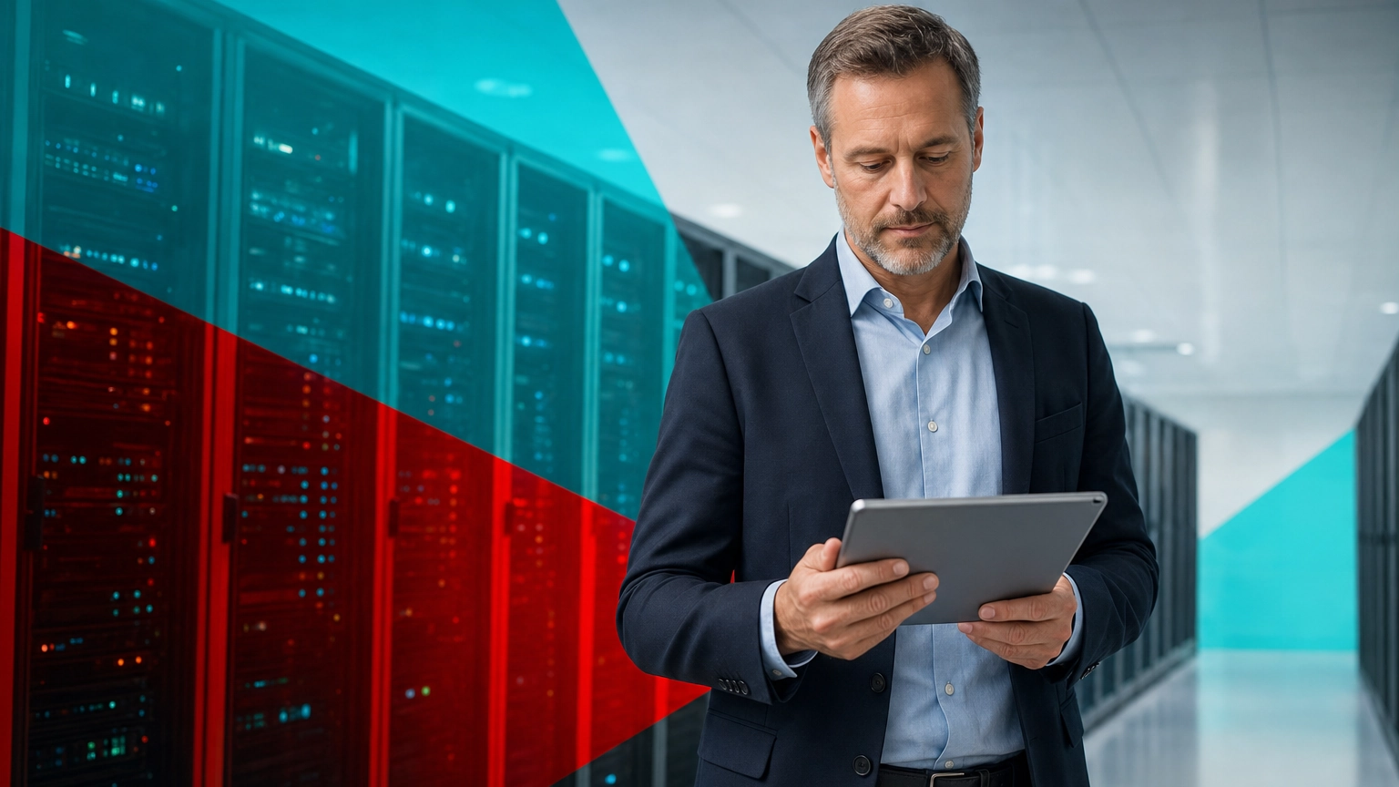 IT professional reviewing infrastructure with rows of rack servers in the background
