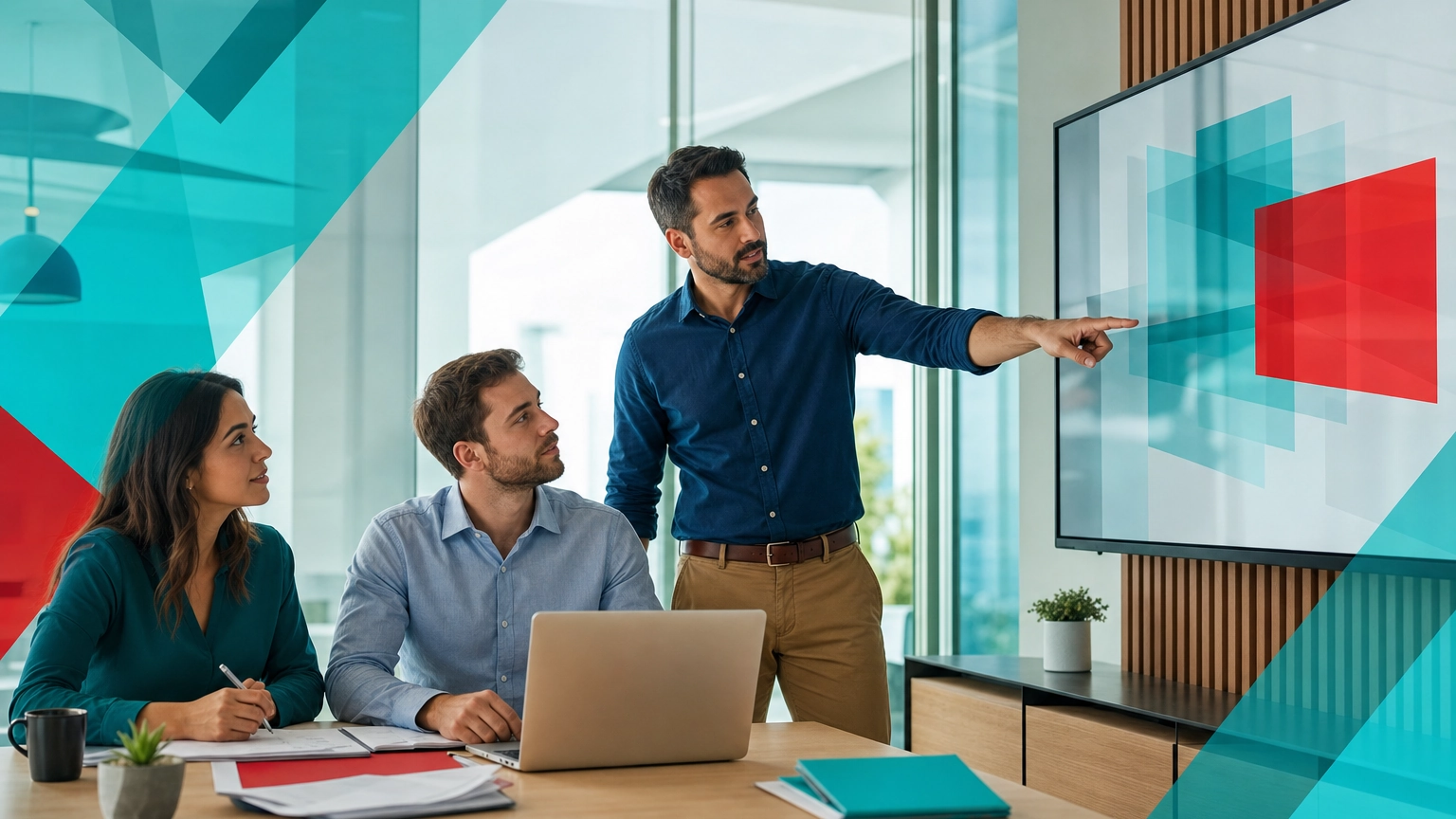 Small business team collaborating around a laptop and monitor on a shared digital workspace