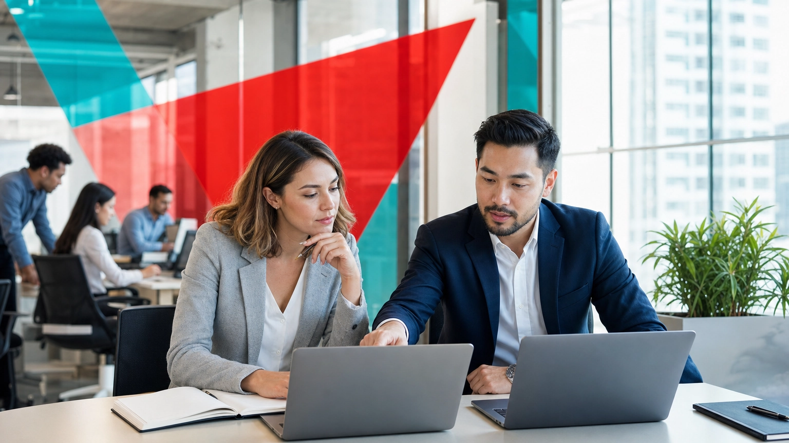 Two business colleagues comparing Google Workspace and Microsoft 365 options on laptops in a modern office