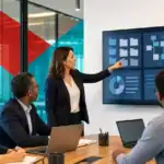 IT professional presenting cybersecurity and network solutions on a digital dashboard to a team.